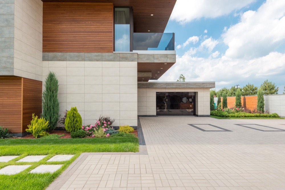 Wide paver driveway at a modern Los Angeles home